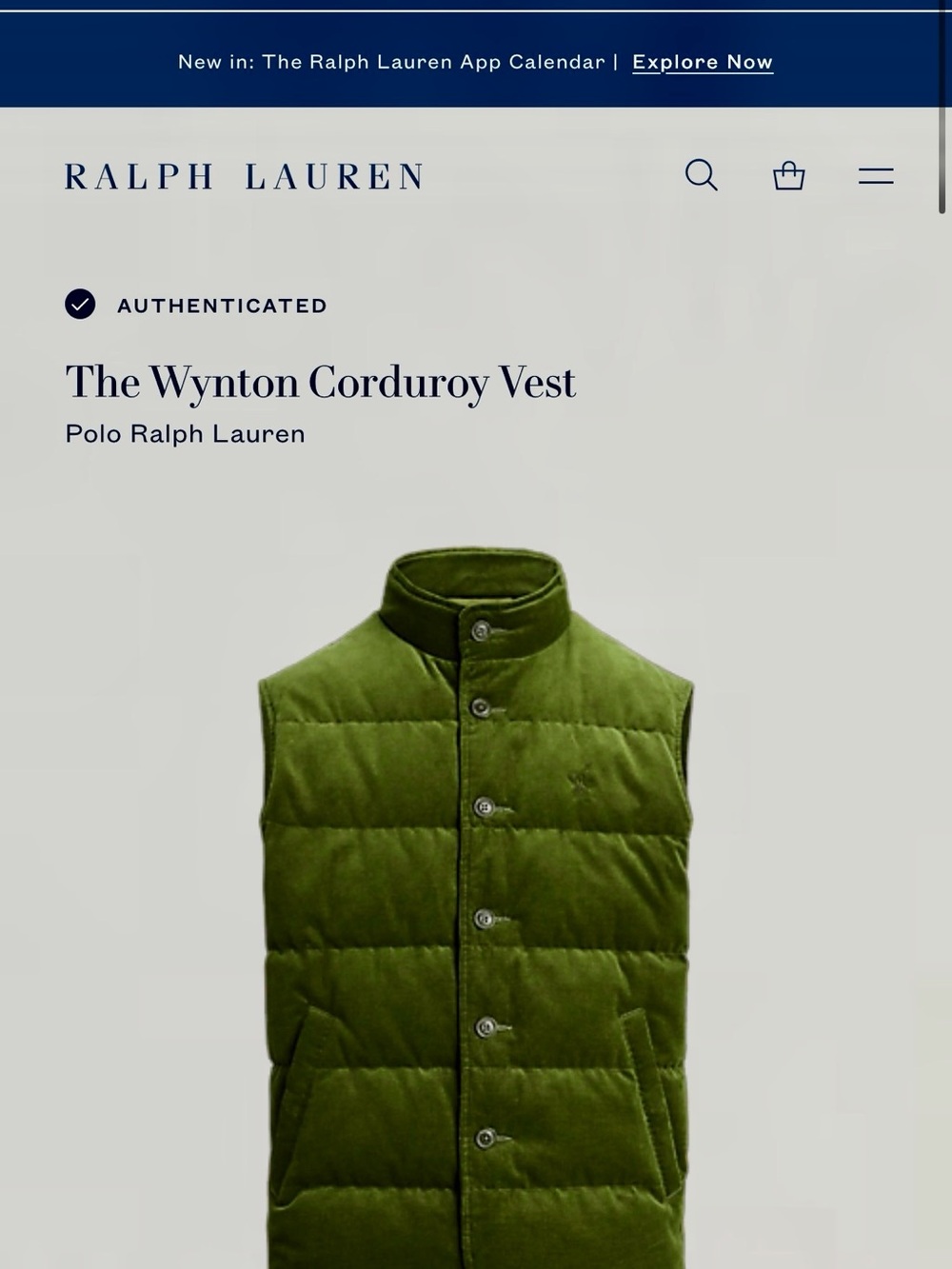 Polo Ralph Lauren Olive Corduroy Quilted Vest